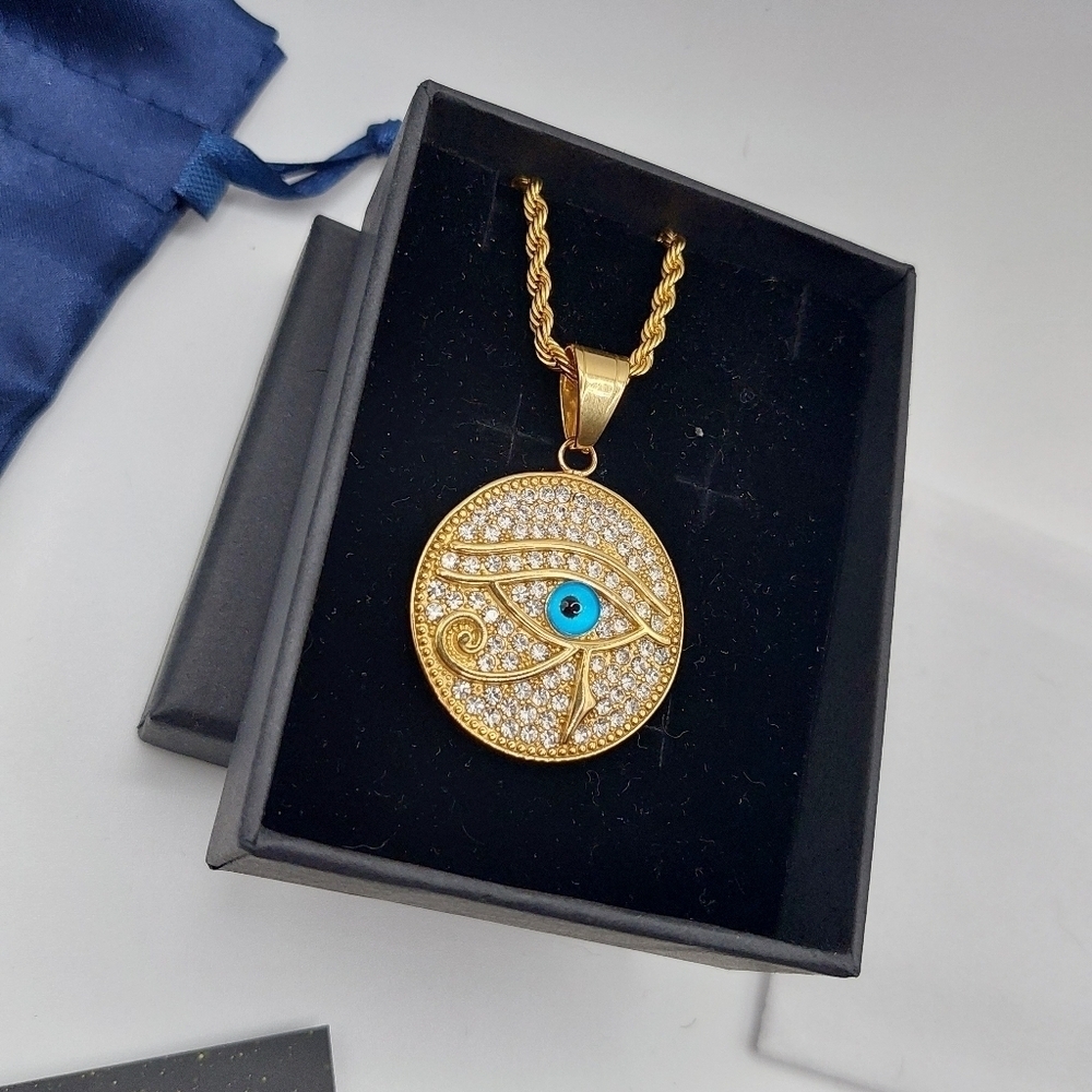 Eye Of Horus 18K Gold Plated Ra CZ With 18K Gold Rope Chain